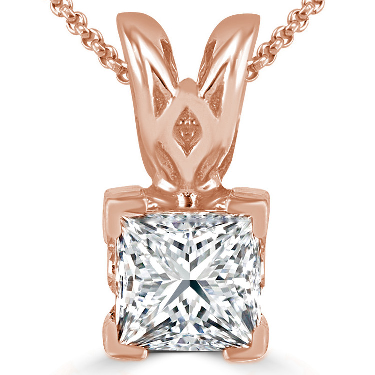 Princess Diamond V-Prong Solitaire Pendant Necklace in 14K Rose Gold with Chain (MVSP0004-R)