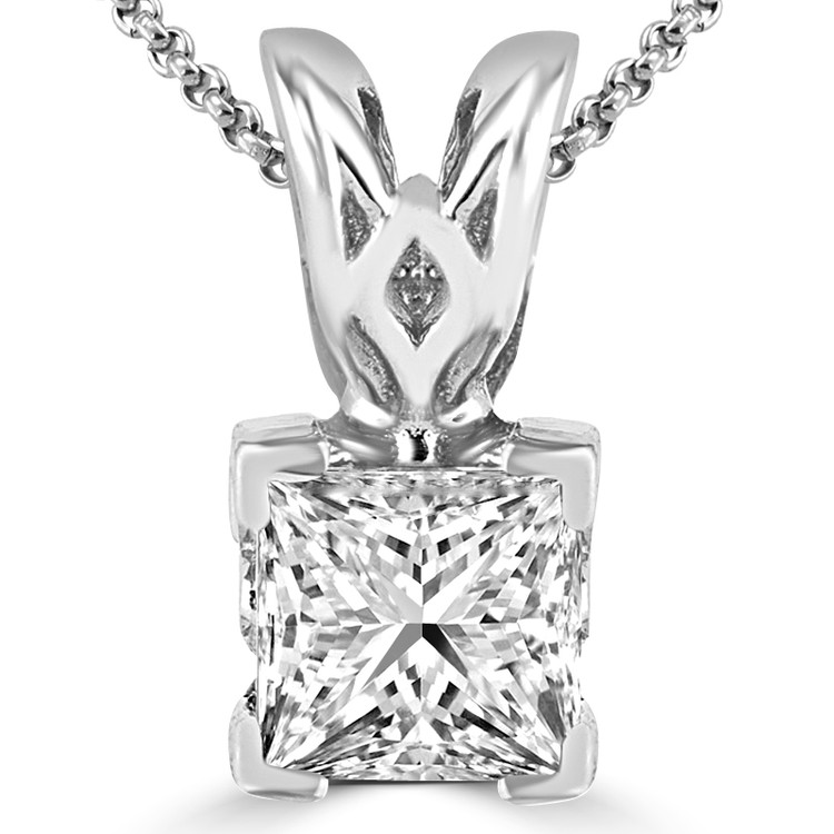 Princess Diamond V-Prong Solitaire Pendant Necklace in 14K White Gold with Chain (MVSP0004-W)
