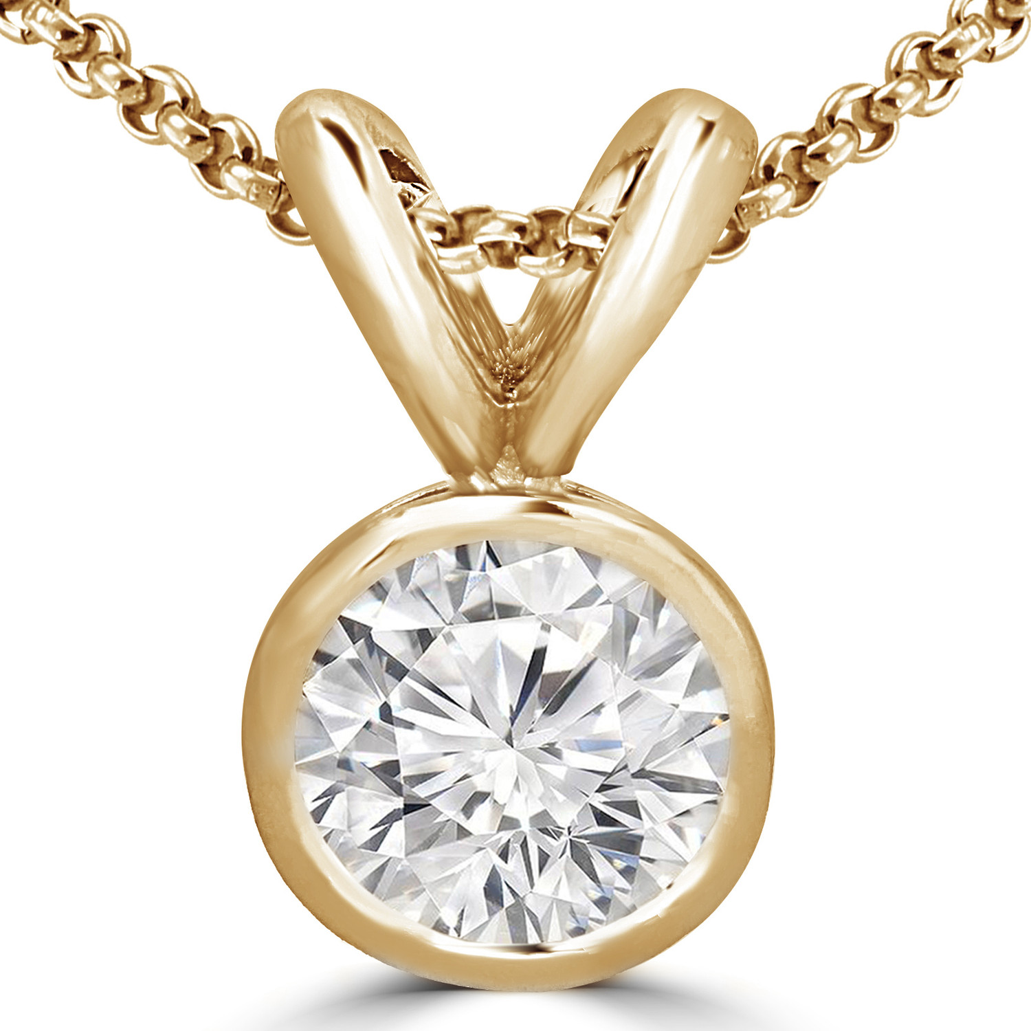 Round Diamond Bezel Set Solitaire Pendant Necklace in 14K Yellow Gold with Chain (MVSP0006-Y)