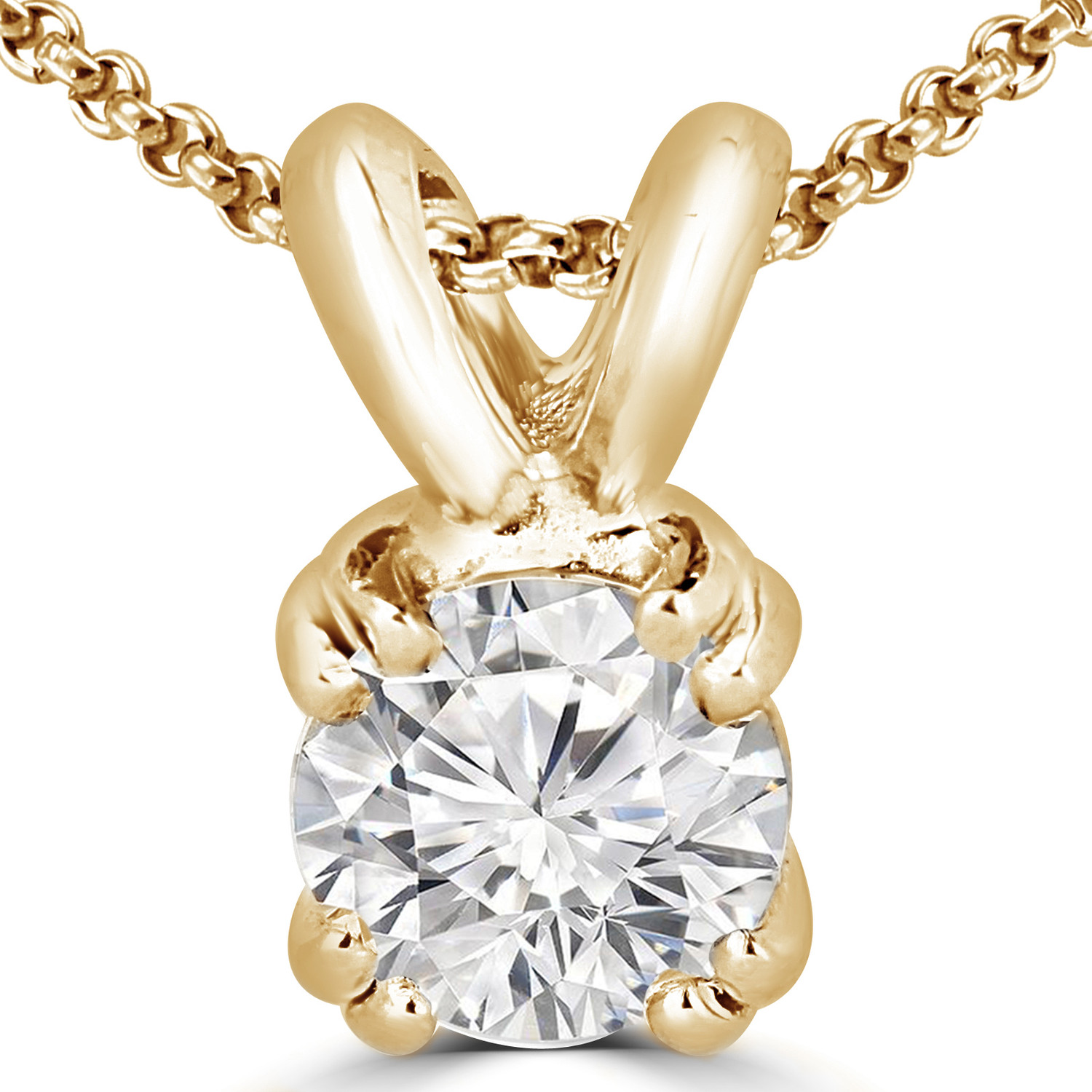 Round Diamond 4-Double Prong Solitaire Pendant Necklace in 14K Yellow Gold with Chain (MVSP0009-Y)