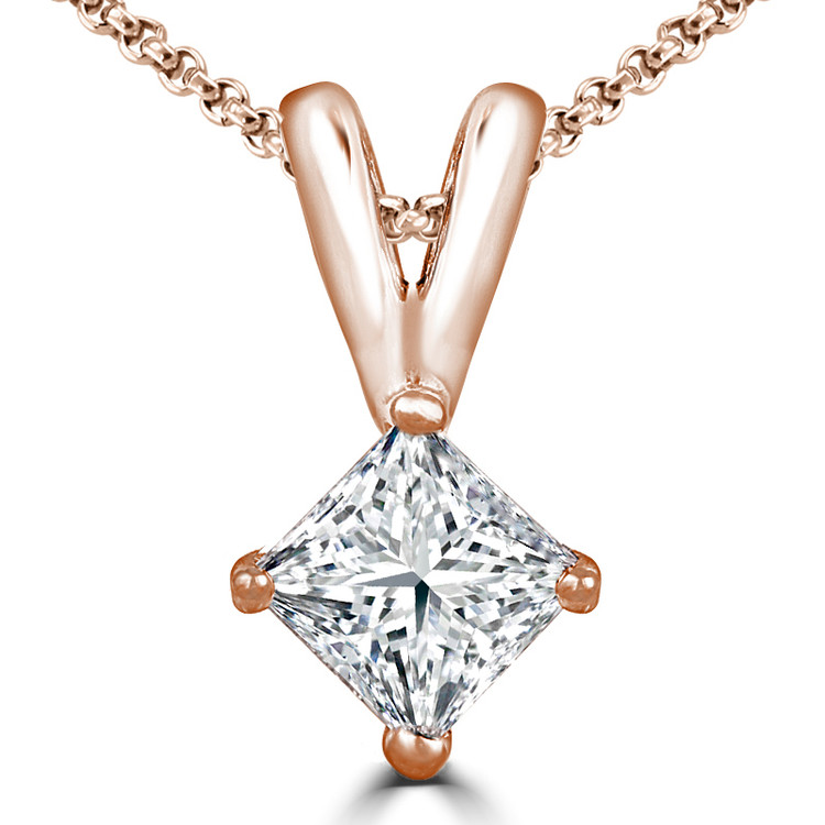 Princess Diamond 4-Prong Solitaire Pendant Necklace in 14K Rose Gold with Chain (MVSP0010-R)