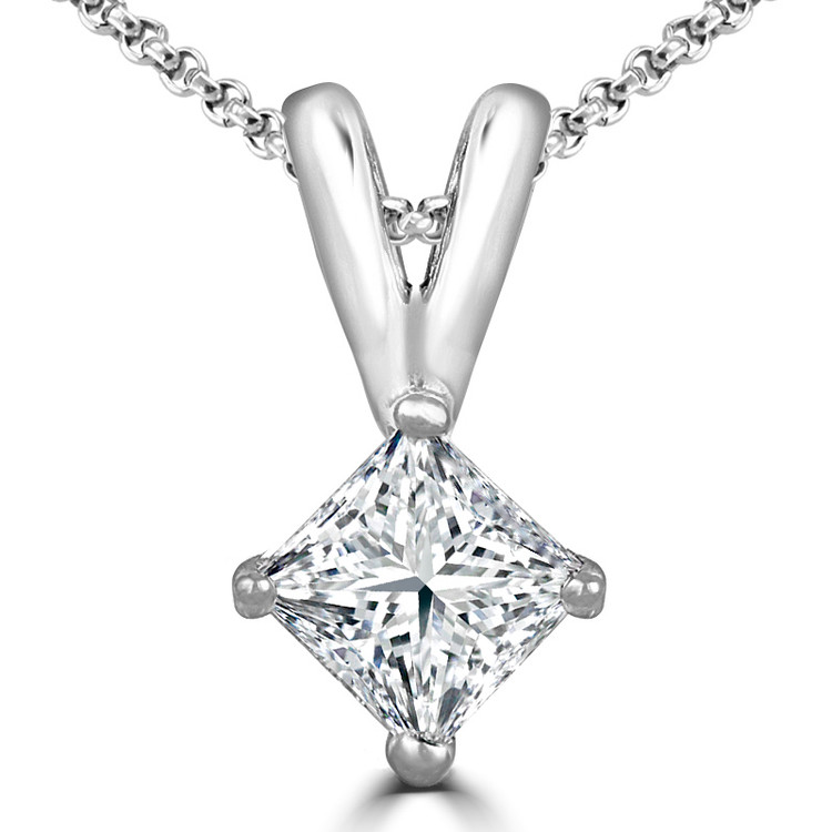 Princess Diamond 4-Prong Solitaire Pendant Necklace in 14K White Gold with Chain (MVSP0010-W)