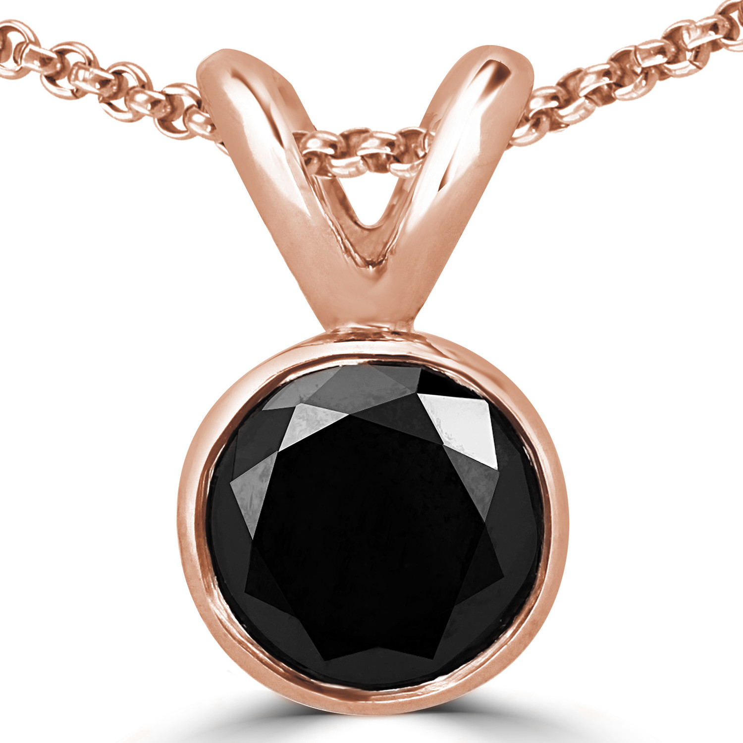 Round Black Diamond Bezel Set Solitaire Pendant Necklace in 14K