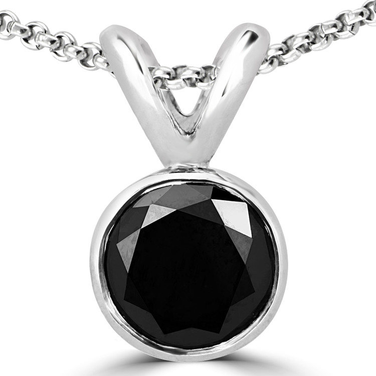 Round Black Diamond Bezel Set Solitaire Pendant Necklace in 14K White Gold with Chain (MVSPB0001-W)