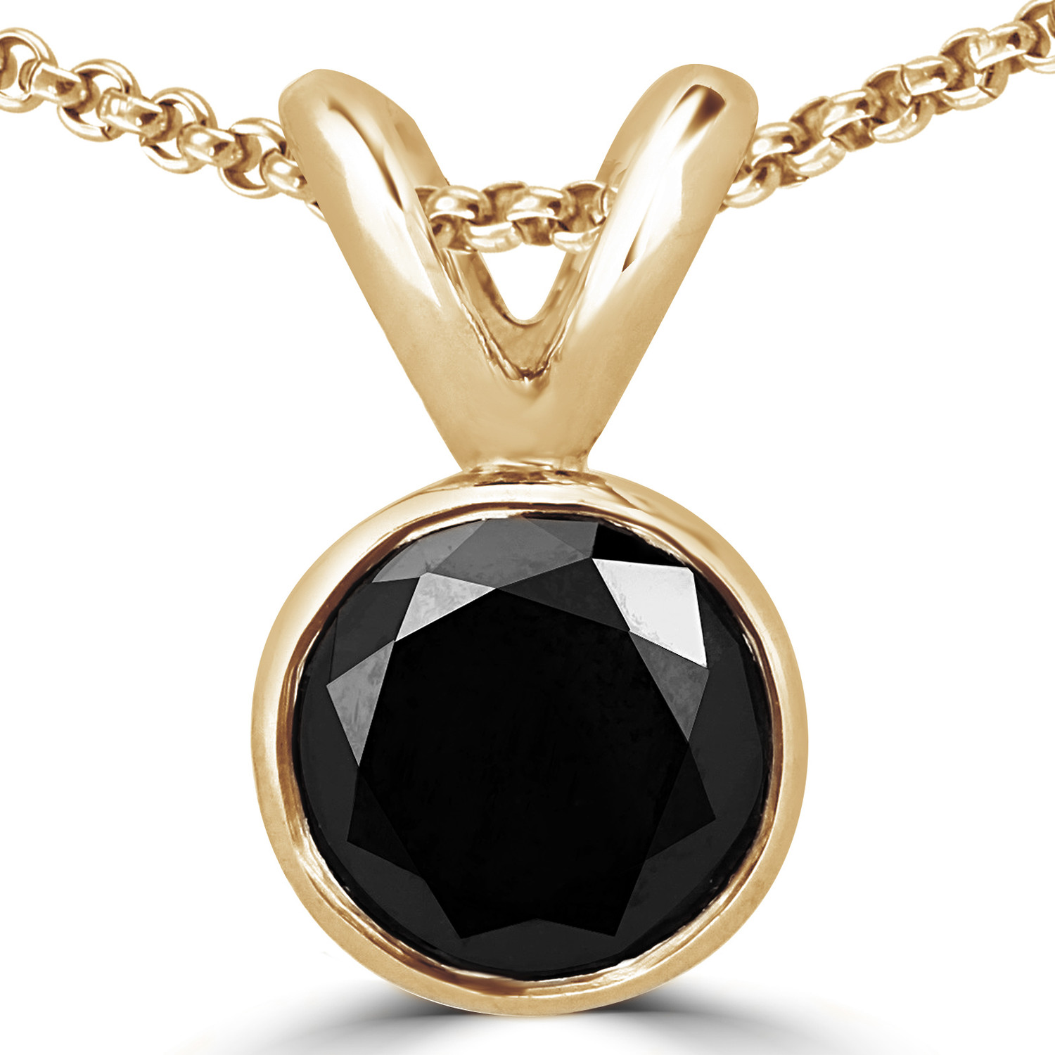 Round Black Diamond Bezel Set Solitaire Pendant Necklace in 14K Yellow Gold with Chain (MVSPB0001-Y)