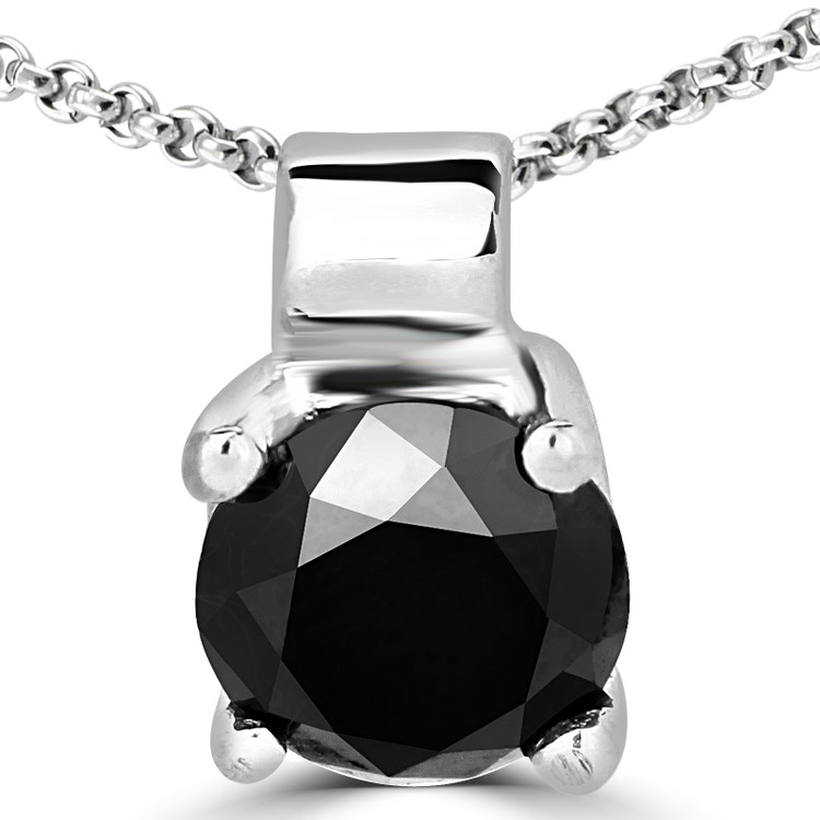 Round Black Diamond 4-Prong Solitaire Pendant Necklace in 14K White Gold with Chain (MVSPB0002-W)