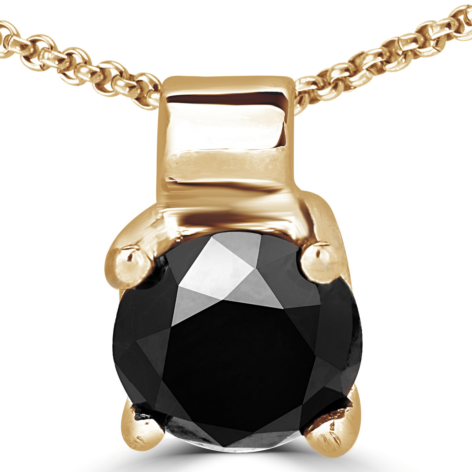 Round Black Diamond 4-Prong Solitaire Pendant Necklace in 14K Yellow Gold with Chain (MVSPB0002-Y)