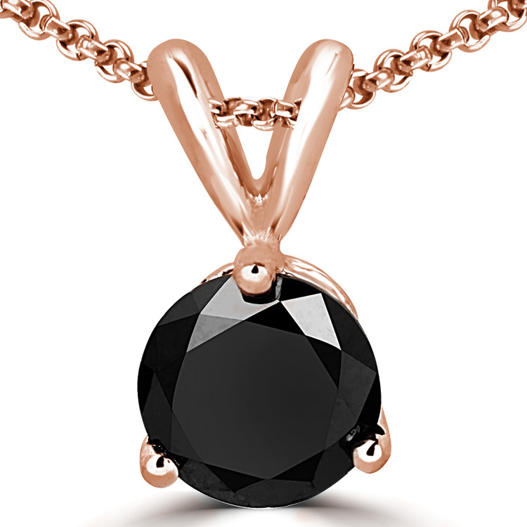 Round Black Diamond 3-Prong Solitaire Pendant Necklace in 14K Rose Gold with Chain (MVSPB0003-R)