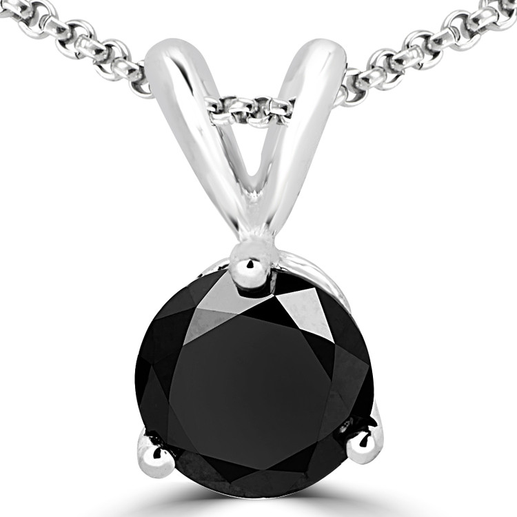 Round Black Diamond 3-Prong Solitaire Pendant Necklace in 14K White Gold with Chain (MVSPB0003-W)