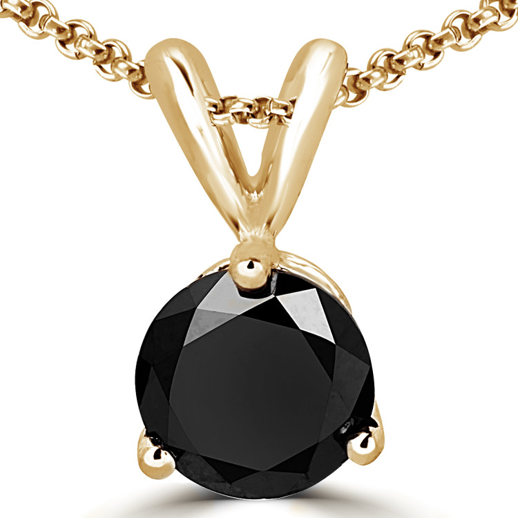 Round Black Diamond 3-Prong Solitaire Pendant Necklace in 14K Yellow Gold with Chain (MVSPB0003-Y)