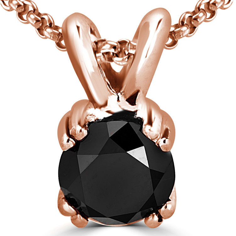 Round Black Diamond 4-Double Prong Solitaire Pendant Necklace in 14K Rose Gold with Chain (MVSPB0004-R)