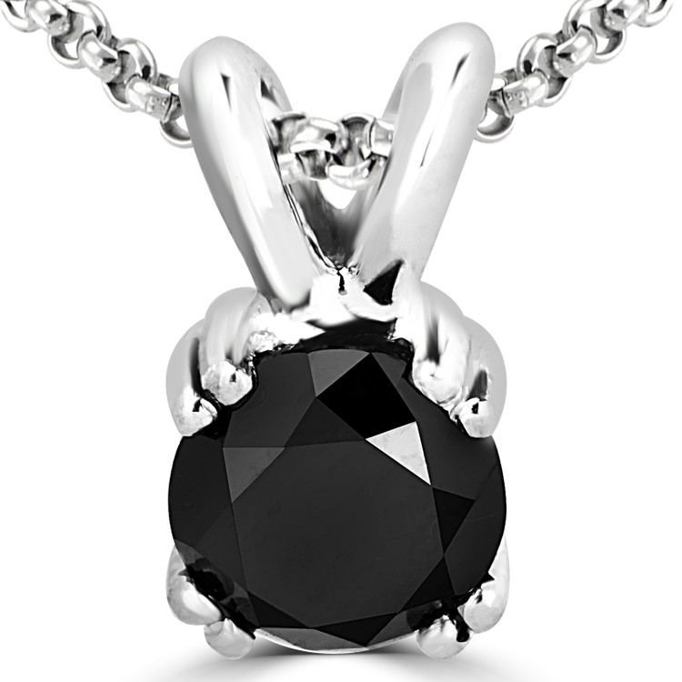 Round Black Diamond 4-Double Prong Solitaire Pendant Necklace in 14K White Gold with Chain (MVSPB0004-W)