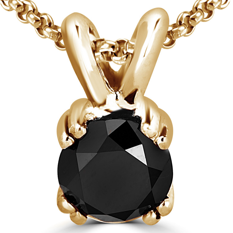 Round Black Diamond 4-Double Prong Solitaire Pendant Necklace in 14K Yellow Gold with Chain (MVSPB0004-Y)