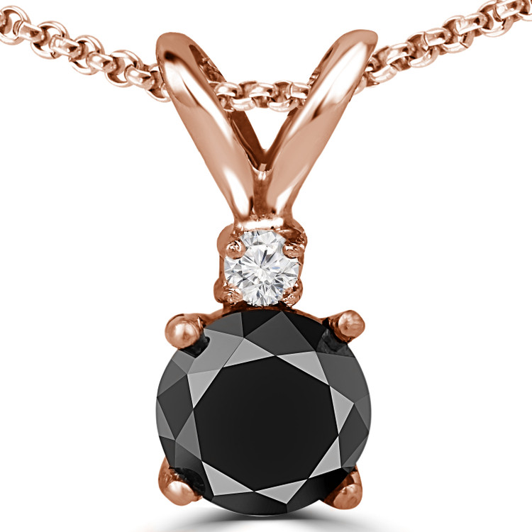 Round Black Diamond 4-Prong Solitaire with Accents Pendant Necklace in 14K Rose Gold with Chain (MVSPB0005-R)