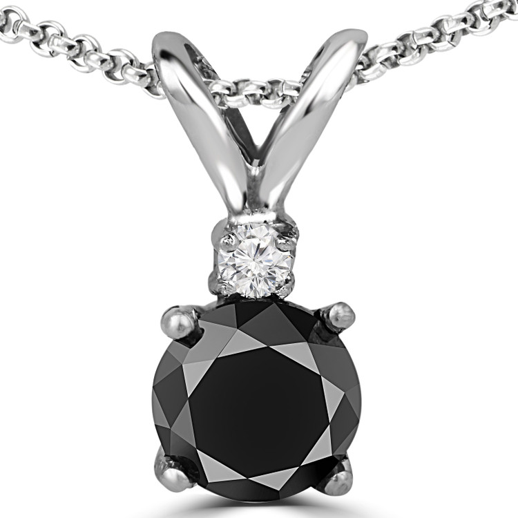 Round Black Diamond 4-Prong Solitaire with Accents Pendant Necklace in 14K White Gold with Chain (MVSPB0005-W)