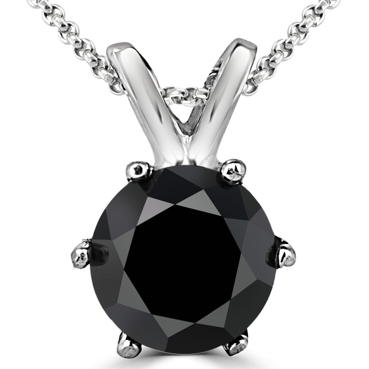 Round Black Diamond 6-Prong Solitaire Pendant Necklace in 14K White Gold with Chain (MVSPB0006-W)