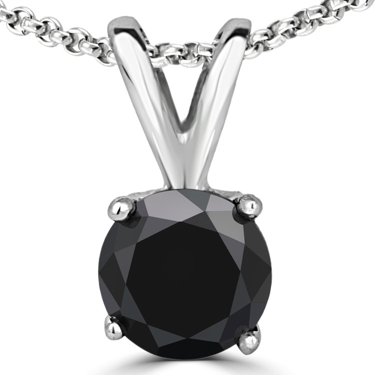 Round Black Diamond 4-Prong Solitaire Pendant Necklace in 14K White Gold with Chain (MVSPB0007-W)