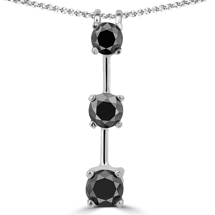 Round Black Diamond Three-Stone Pendant Necklace in 14K White Gold with Chain (MVSPBX0001-W)