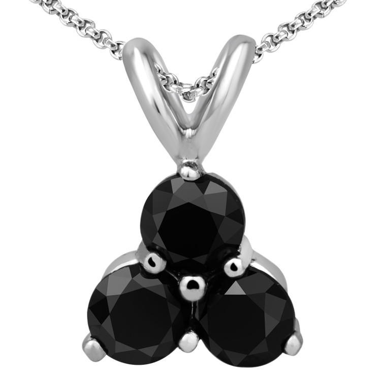 Round Black Diamond Three-Stone Pendant Necklace in 14K White Gold with Chain (MVSPBX0002-W)