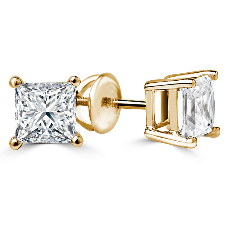 Solitaire Princess Diamond 4-Prong Stud Earrings in 14K Yellow Gold with Screwback (MVSE0003-Y)