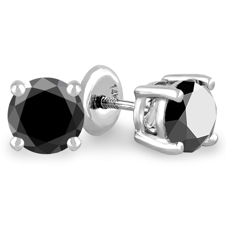 Solitaire Round Black Diamond 4-Prong Stud Earrings in 14K White Gold with Screwback (MVSE0004-W)