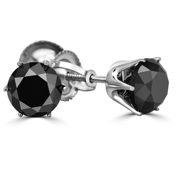 Solitaire Round Black Diamond 6-Prong Stud Earrings in 14K White Gold with Screwback (MVSE0005-W)
