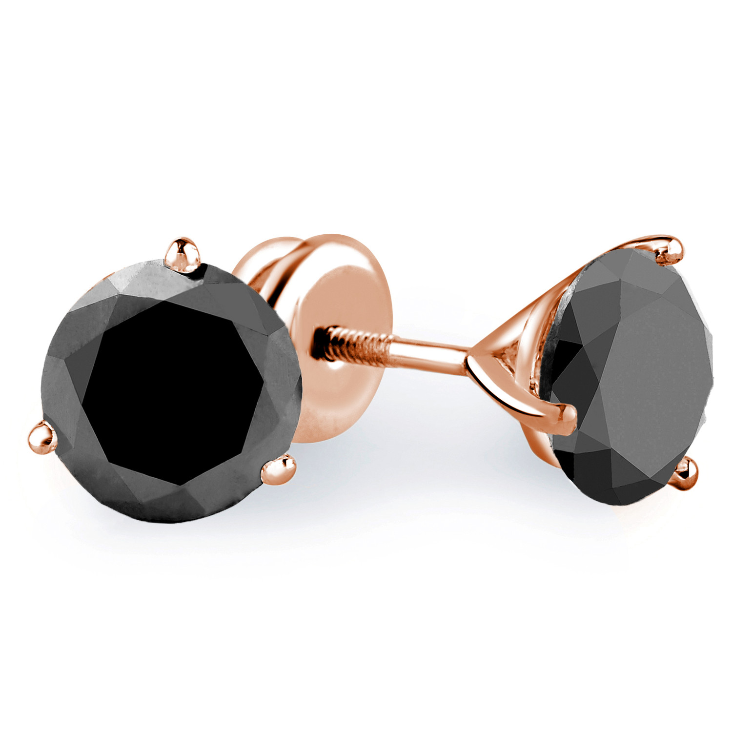 Solitaire Round Black Diamond 3-Prong Martini Stud Earrings in 14K Rose Gold with Screwback (MVSE0007-R)