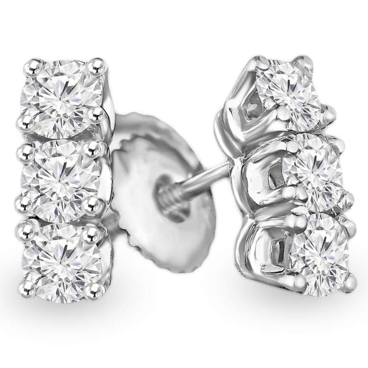 Round Diamond Three-Stone Stud Earrings in 14K White Gold with Screwback (MVSES0006-W)