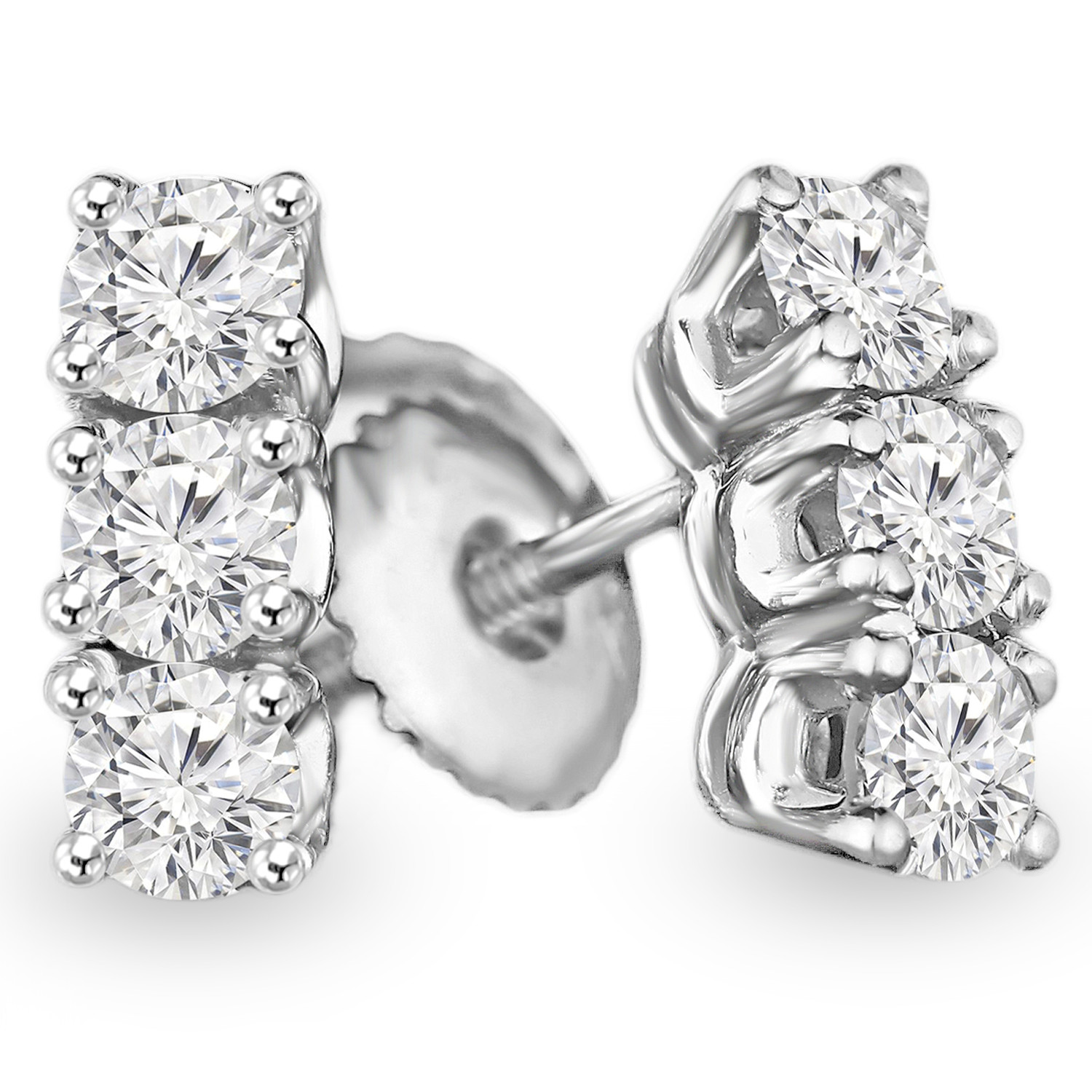 Round Diamond Three-Stone Stud Earrings in 14K White Gold with Screwback (MVSES0006-W)