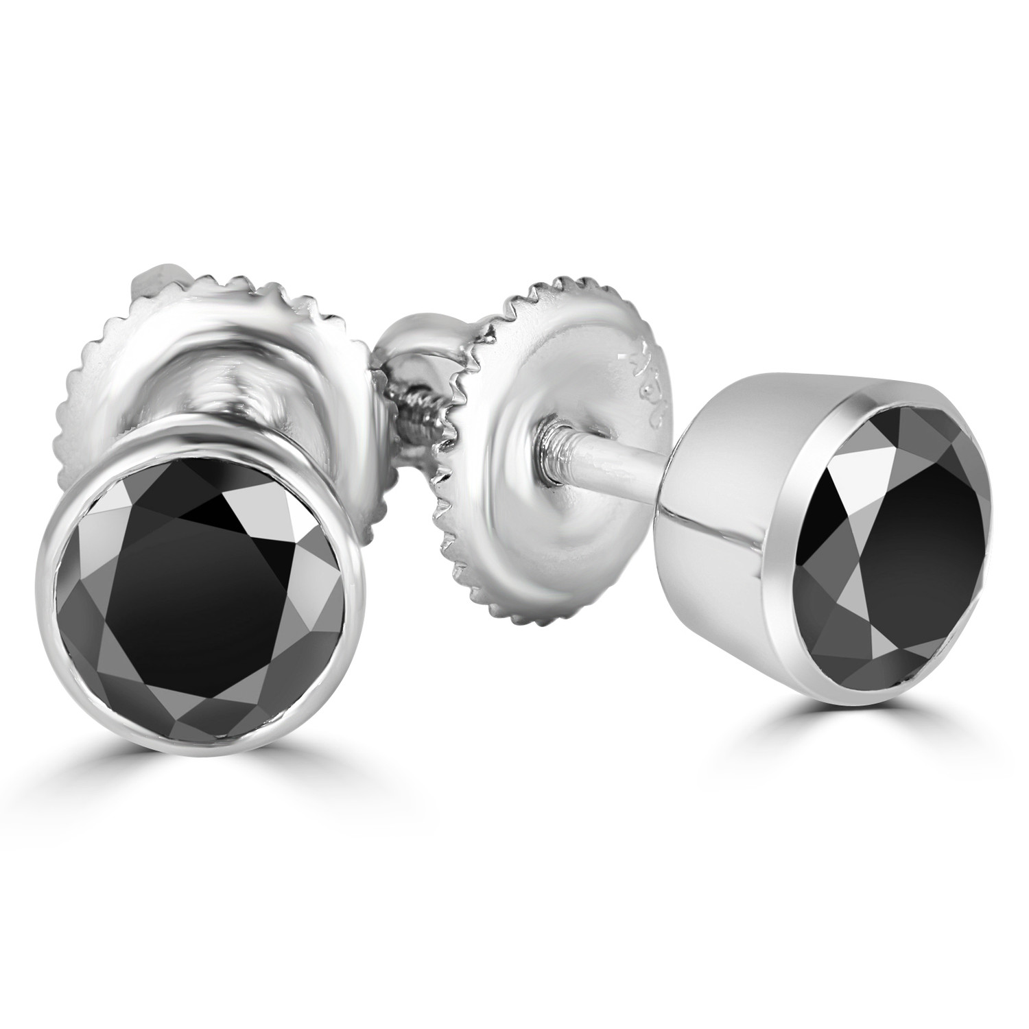 Round Black Diamond Bezel Set Stud Earrings in 14K White Gold with Screwback (MVSES0007-W)