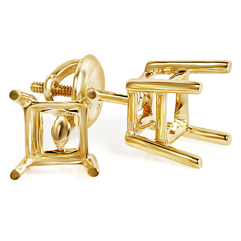 Princess 4-Prong Semi Mount Stud Earrings in 14K Yellow Gold (Diamonds Not Included) with Screwback (MVSEM0002-Y)