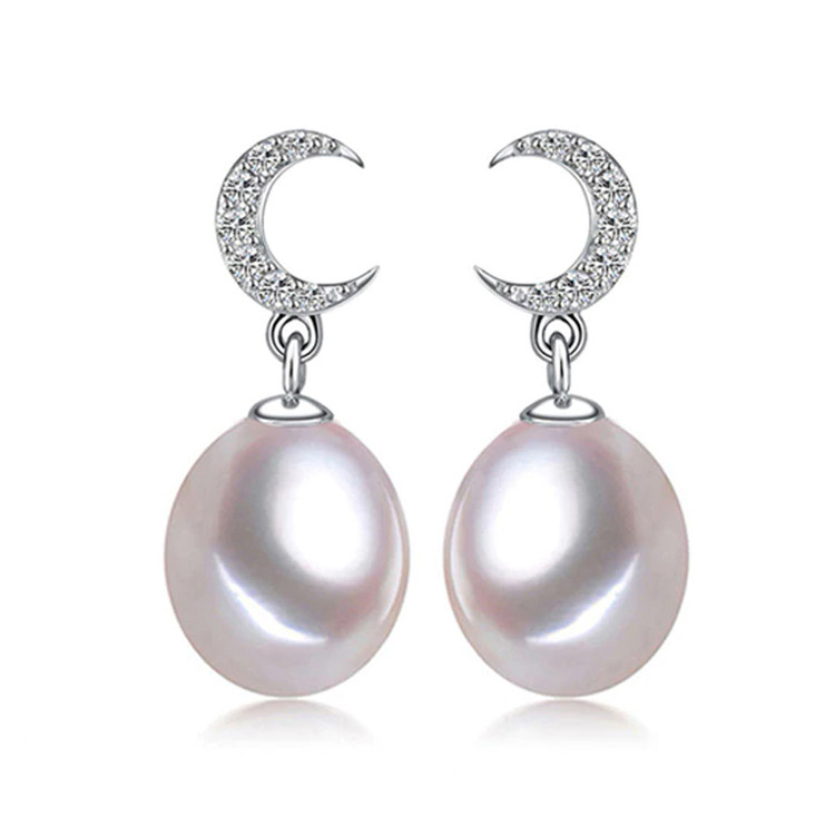 Teardrop White Freshwater Pearl Crescent Moon Drop/Dangle Earrings in 0.925 White Sterling Silver (MDS210064)