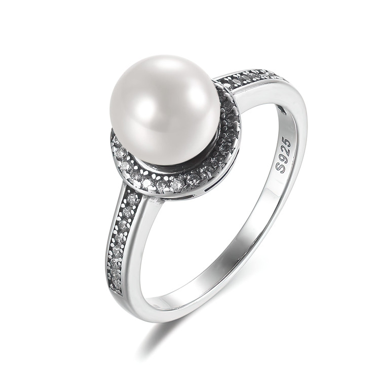 Round White Freshwater Pearl Halo Cocktail Ring in 0.925 White Sterling Silver (MDS230020)