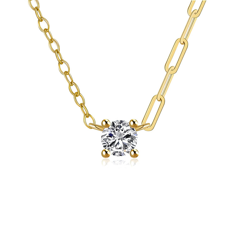 1/3 CT Round White Cubic Zirconia Paper Clip Chain Necklace Yellow Gold Plated in 0.925 Sterling Silver (MDS230035)