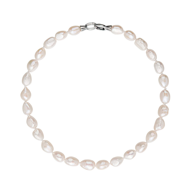 Baroque White Freshwater Pearl Necklace in 0.925 White Sterling Silver (MDS230061)