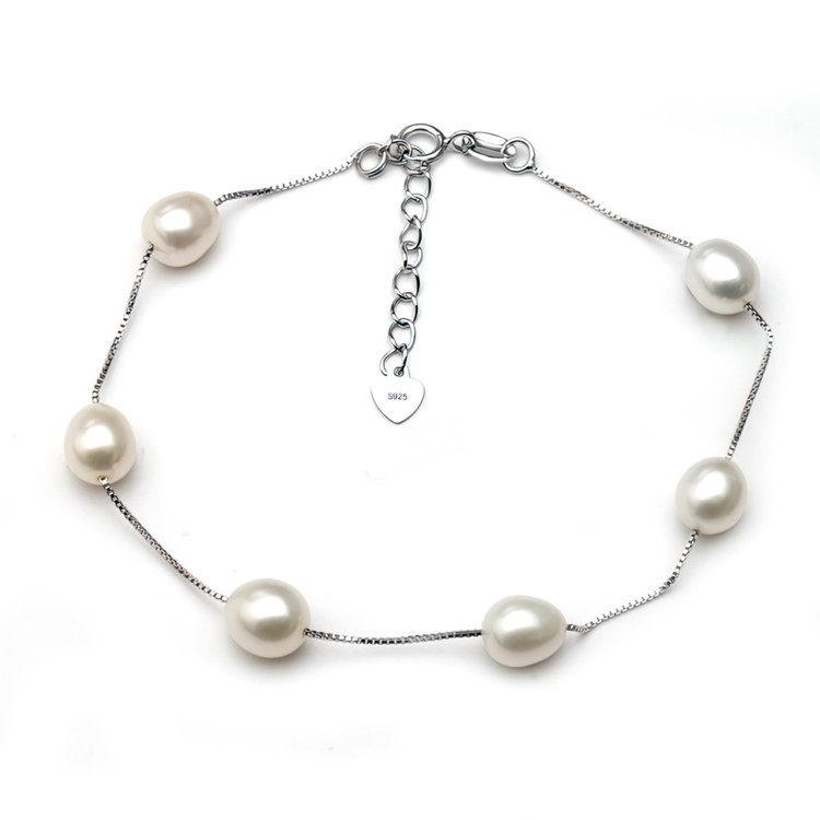 Oval White Freshwater Pearl Chain Bracelet in 0.925 White Sterling Silver (MDS230062)