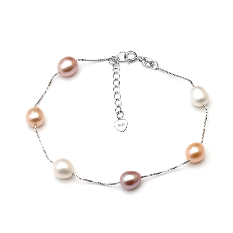 Oval Multi-Color Freshwater Pearl Chain Bracelet in 0.925 White Sterling Silver (MDS230063)