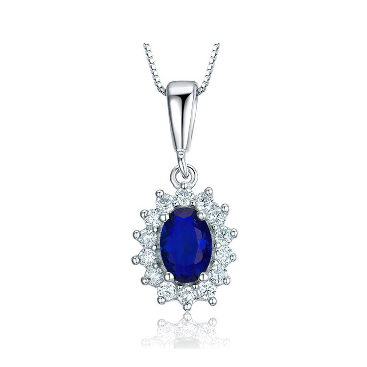 1 2/5 CTW Oval Blue Nano Sapphire Oval Halo Pendant Necklace in 0.925 White Sterling Silver With Chain (MDS230065)