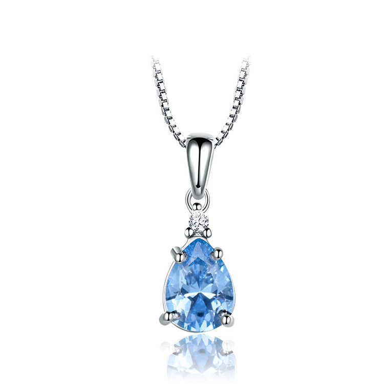 2 4/5 CTW Pear Blue Nano Topaz 4-Prong Solitaire with Accents Pendant Necklace in 0.925 White Sterling Silver With Chain (MDS230068)
