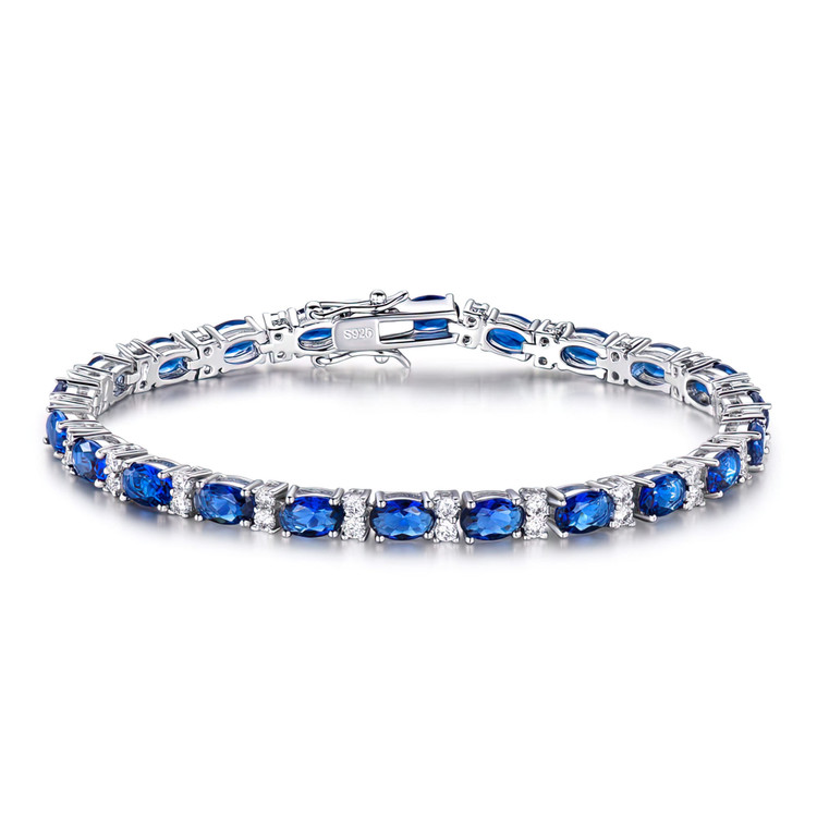 10 7/8 CTW Oval Blue Nano Sapphire Alternating Tennis Bracelet in 0.925 White Sterling Silver (MDS230069)