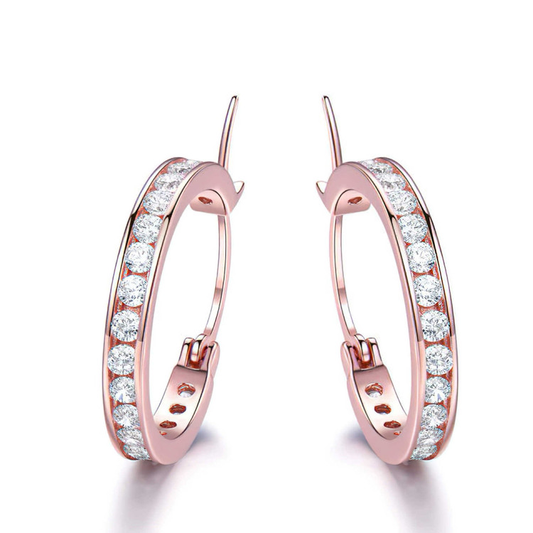 2 CTW Round White Cubic Zirconia Channel Set Huggie Rose Gold Plated Earrings in 0.925 Sterling Silver (MDS230077)