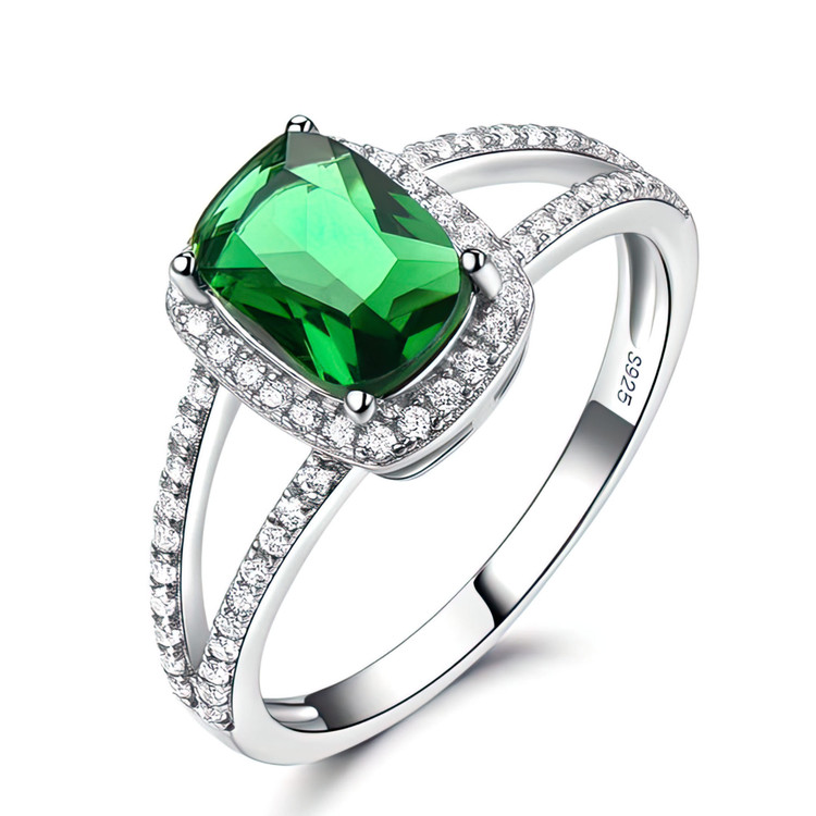 2 2/5 CTW Cushion Green Nano Emerald Split-shank Cushion Halo Cocktail Ring in 0.925 White Sterling Silver with Accents (MDS230087)