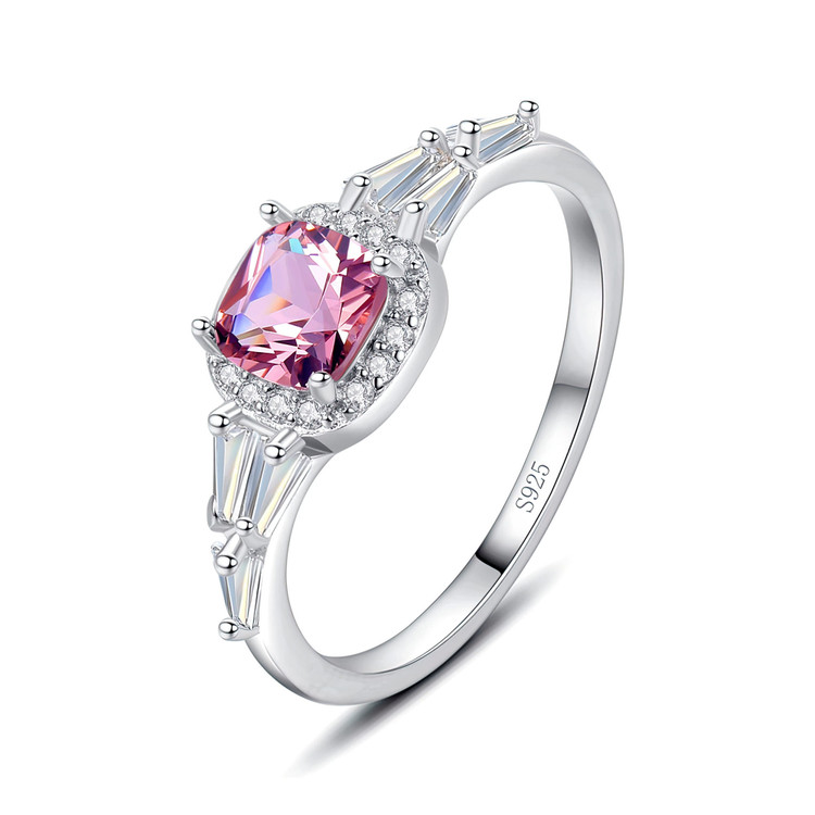 1 CTW Cushion Pink Cubic Zirconia Cushion Halo Cocktail Ring in 0.925 White Sterling Silver with Baguette Accents (MDS230093)