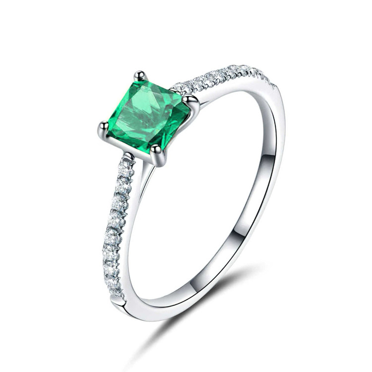 1 1/3 CTW Princess Green Nano Emerald Solitaire with Accents Cocktail Ring in 0.925 White Sterling Silver (MDS230116)