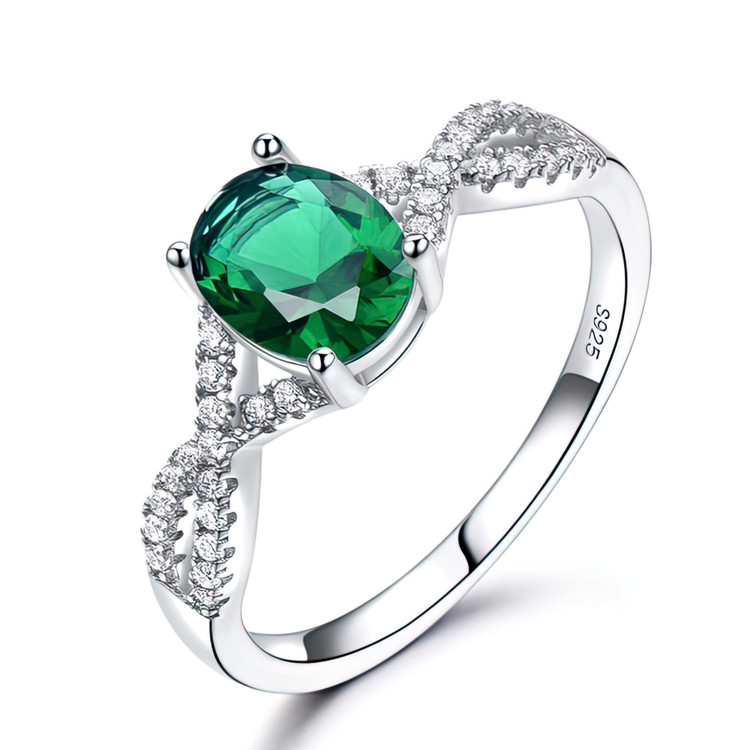 2 1/2 CTW Oval Green Nano Emerald Braided Solitaire with Accents Cocktail Ring in 0.925 White Sterling Silver (MDS230123)