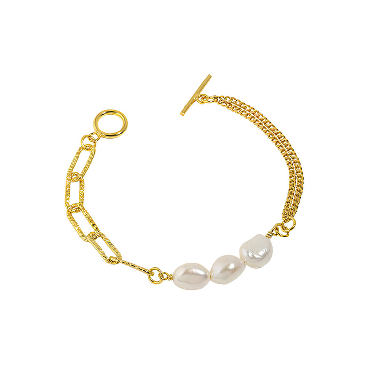 Baroque White Freshwater Pearl Chain Link Yellow Gold Plated Bracelet in 0.925 Sterling Silver (MDS230164)