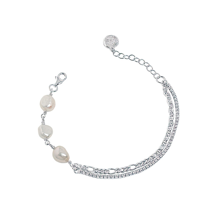 1 1/5 CTW Baroque White Freshwater Tennis Chain Bracelet in 0.925 White Sterling Silver with Circle Charm (MDS230169)