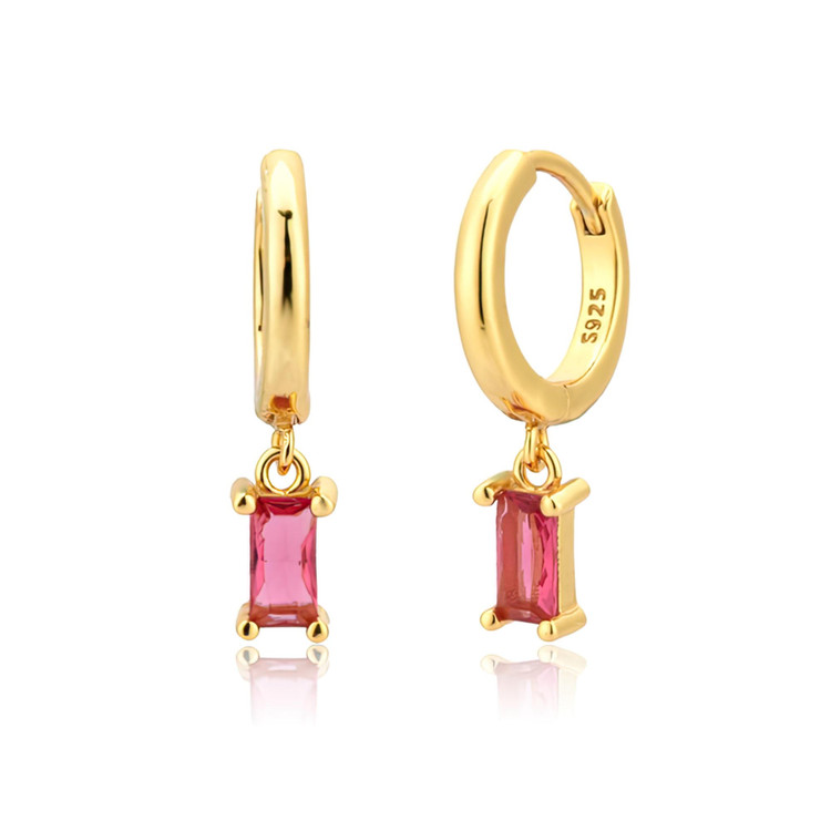 3/4 CTW Emerald Pink Cubic Zirconia Dancing Charm Huggie Yellow Gold Plated Earrings in 0.925 Sterling Silver (MDS230179)