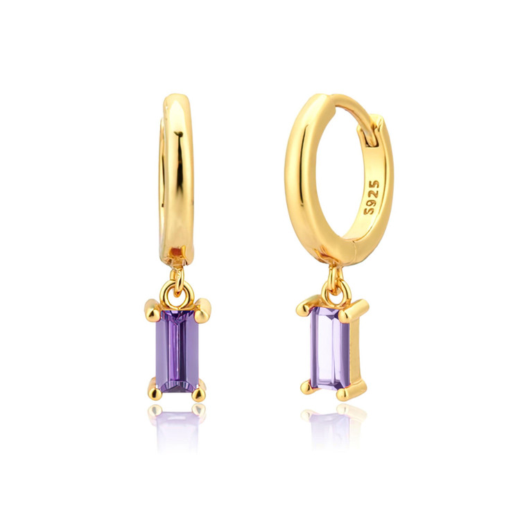 3/4 CTW Emerald Purple Cubic Zirconia Dancing Charm Huggie Yellow Gold Plated Earrings in 0.925 Sterling Silver (MDS230180)
