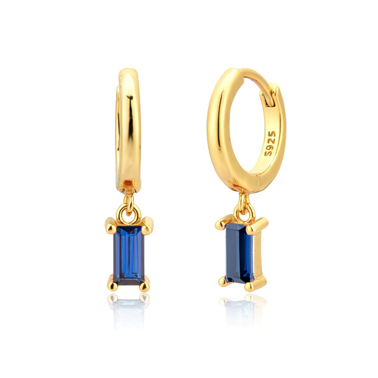 3/4 CTW Emerald Blue Cubic Zirconia Dancing Charm Huggie Yellow Gold Plated Earrings in 0.925 Sterling Silver (MDS230181)
